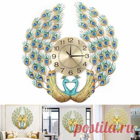 3D Large Wall Clock Luxury Peacock Metal Living Room Wall Watch Home Decoration - US$65.56