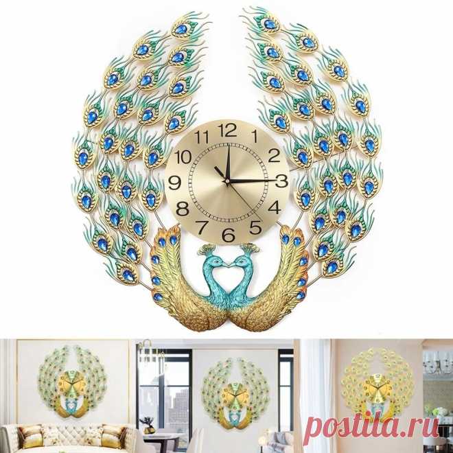 3D Large Wall Clock Luxury Peacock Metal Living Room Wall Watch Home Decoration - US$65.56