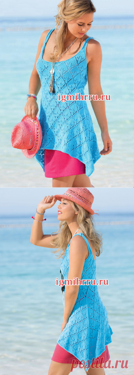 Голубая летняя туника на бретелях. Вязание спицами