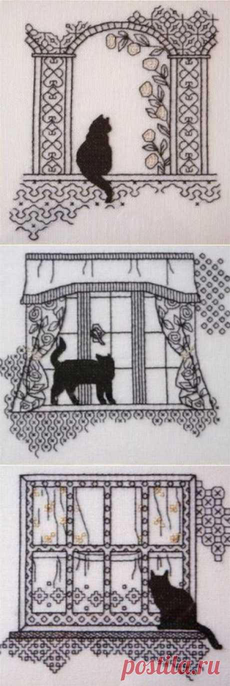 Jusie Sea. Handmade: Cats in Blackwork
