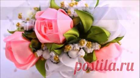 Чайные розы канзаши из лент