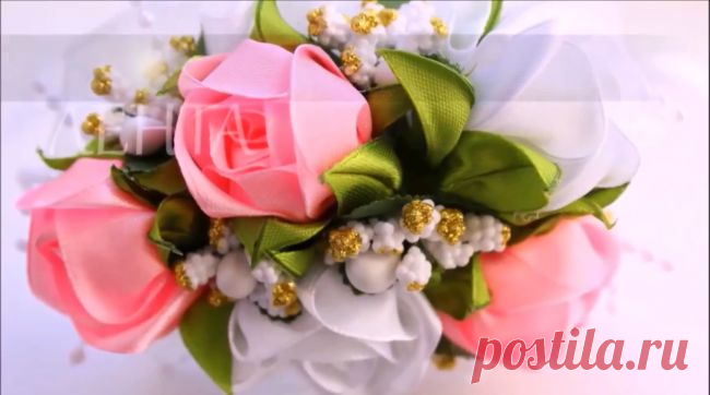 Чайные розы канзаши из лент