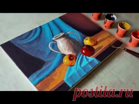 Palette Knife Realistic Still Life with Vase, Fruits, and Drapery – Acrylic on Canvas