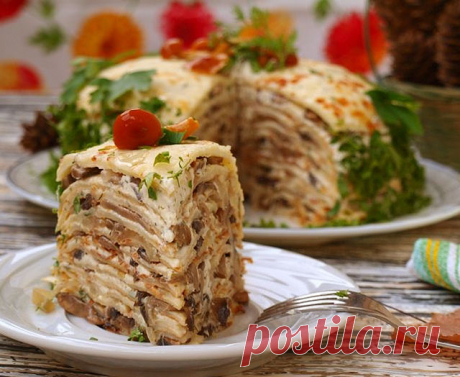 Блинный торт с курицей и грибами — Мой садочек