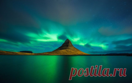 Картинки сландия, reflection, kirkjufell, iceland, aurora borealis на рабочий стол 95945