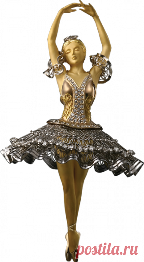 The statuette has been done in a classic style. The craftsman managed to pass over by line and level the feeling of lightness and at the same time the full commitment, the absolute immersion into the element of dance. Delicate tutu and cuffs of white metal have been specially made, and in themselves are the masterpieces of the jewelry art. They make the natural extent and accentuate the grace of silhouette of the dancer and make the gold of her body warmer and more vivid.