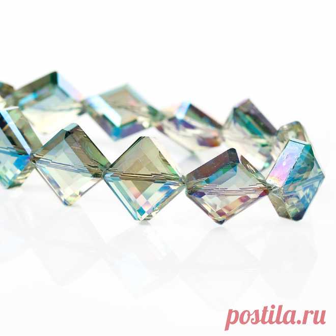 Стеклянные бусины в виде ромба сене-голубые 17мм х 17мм (10 бусин)