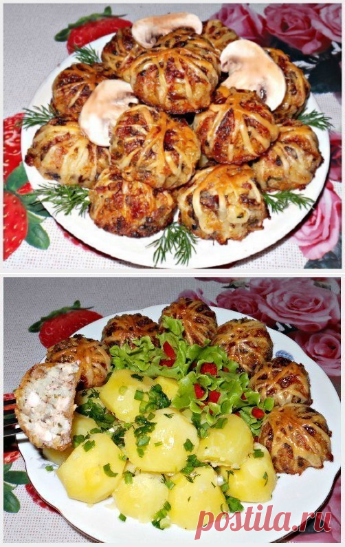 Клубочки из слоеного теста с куриным фаршем, грибами и рисом. Вкусно и необычно!
