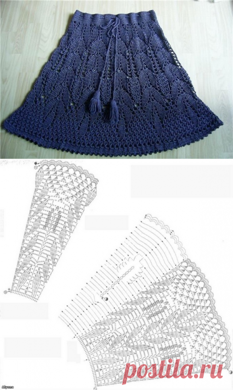 Синяя юбка крючком. Короткая юбка красивым узором |