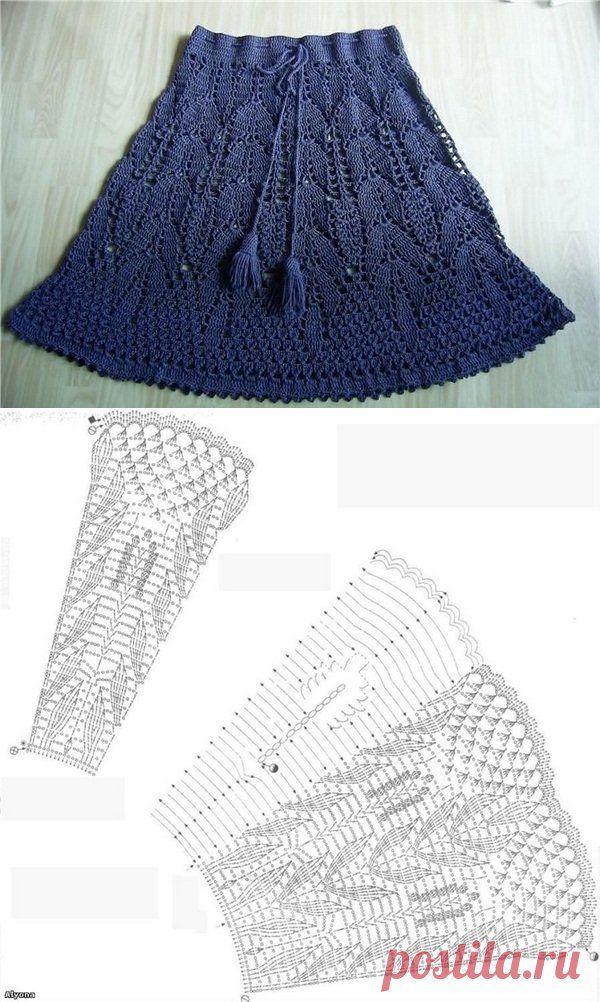 Синяя юбка крючком. Короткая юбка красивым узором |