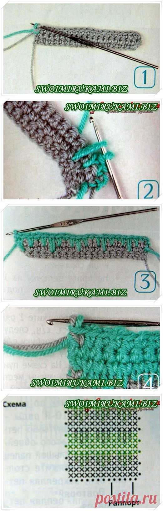 Вязание крючком для начинающих-двухцветный узор с вытянутыми петлями | Блог Галины Шпак|Мастер-классы по рукоделию