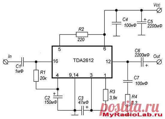 Усилитель TDA2612 10Вт(4Ом) 

Ловите в представление неплохой усилитель TDA2612 в корпусе SDIP16, который используется в теле-радио-аппаратуре среднего класса: кассетный магнитофон, телевизоры и подобная техника…