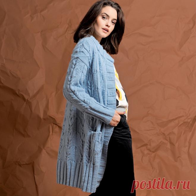 Кардиган с полосами из «кос» и широкими планками - схема вязания спицами с описанием на Verena.ru