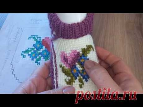 Вязаные тапочки "Незабудки"💙  Часть 1.  раз.38/40 🧶тунисское вязание+спицы
