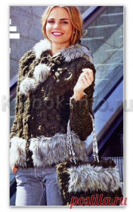 Вязание спицами. Женские модели. Меланжевый короткий жакет с капюшоном и сумка, с отделкой из искусственого меха. Размеры: 42