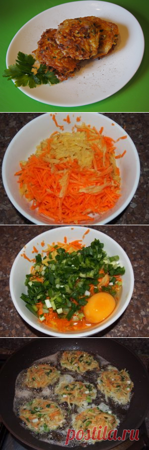 Картофельные драники с морковью и зеленым луком
Классический рецепт драников можно вкусно и аппетитно разнообразить, добавив всего лишь к картошке сырую морковь и зеленый лук.