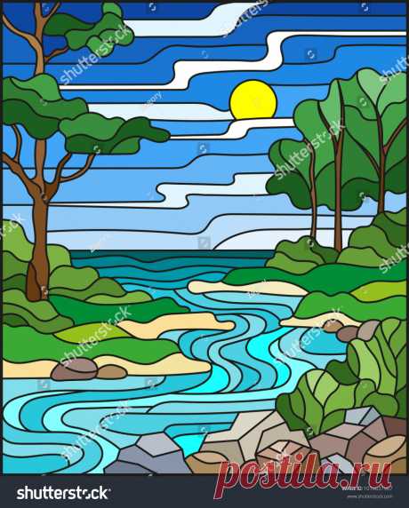 Стоковая векторная графика «Illustration Stained Glass Style Landscape Meandering» (без лицензионных платежей), 1016637967: Shutterstock
