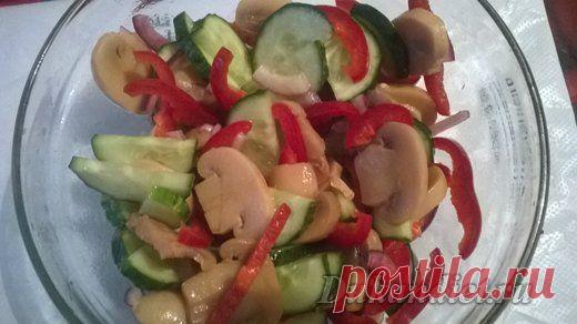 Салат «Игра вкуса» | Диета Дюкана

Маринованные шампиньоны 7-8 шт.,
1 свежий огурец,
1 болгарский перец,
0,5 красного лука небольшого,
оливковое масло,
соль,
уксус.

Лук нарезать, посолить и сбрызнуть уксусом, нарезаем все овощи, солим, заправляем маслом и даем настояться 5-10 минут. По желанию можно добавить в салат свежий укроп. 
Приятного аппетита!