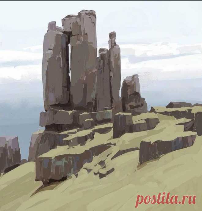 Рисунок. Скалы. Склон. Трава.