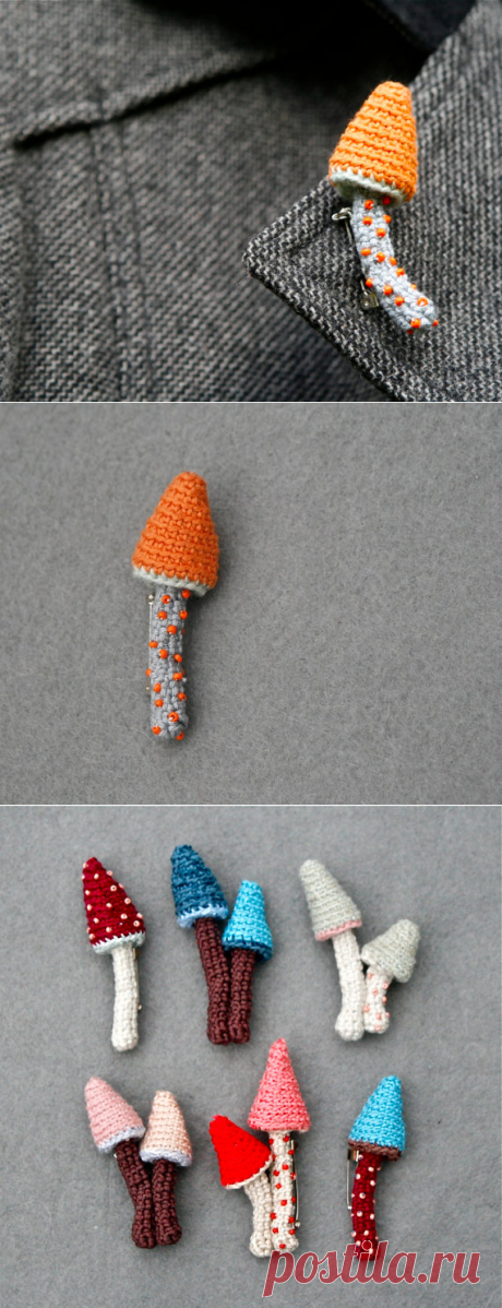Mushroom crochet brooch in orange and grey