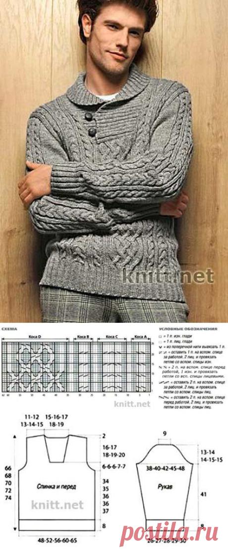 Вязаный спицами мужской пуловер с воротником | knitt.net | Все о вязании