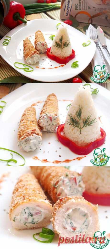 Куриные трубочки с начинкой и янтарным рисом - кулинарный рецепт