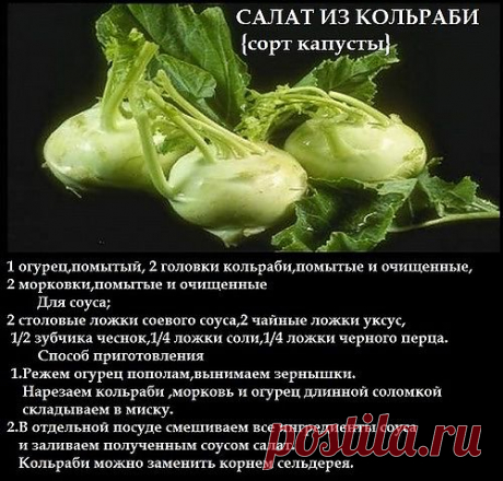 Jeck56 — «Салат из кольраби рецепт.jpg» на Яндекс.Фотках  
 1 огурец,помытый, 2 головки кольраби,помытые и очищенные,
      2 морковки,помытые и очищенные
        Для соуса;
      2 столовые ложки соевого соуса,2 чайные ложки уксус,
      1/2 зубчика чеснок,1/4 ложки соли,1/4 ложки черного перца.