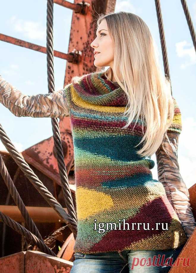 Любительницам разноцветья. Теплая безрукавка с круглой кокеткой, переходящей в большой воротник, от финских дизайнеров. Вязание спицами