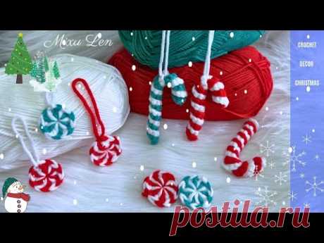 #48. Móc que kẹo trang trí Noel|Crochet Xmas decorations|Xmas candy peppermint|crochet candy cane