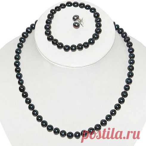 Скидка 45% на комплект из бус, браслета и сережек из черного жемчуга