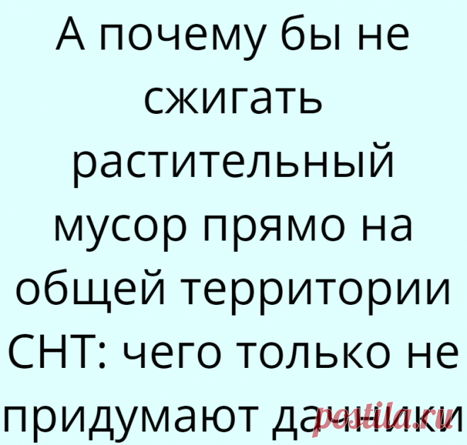А почему бы не сжигать растительный мусор прямо на общей территории СНТ: чего только не придумают дачники
Нет, ну а чего? Законы же пишут просто так, да? Не для нашей безопасности, не для нашего комфортного проживания друг с другом. Поэтому делать можно всё, что в голову приходит. Так вот и привык один дачник сносить всю ботву и листву за пределы своего участка, укладывать просто в кучку и поджигать. Ах, какое пламя! Какой […]
Читай дальше на сайте. Жми подробнее ➡