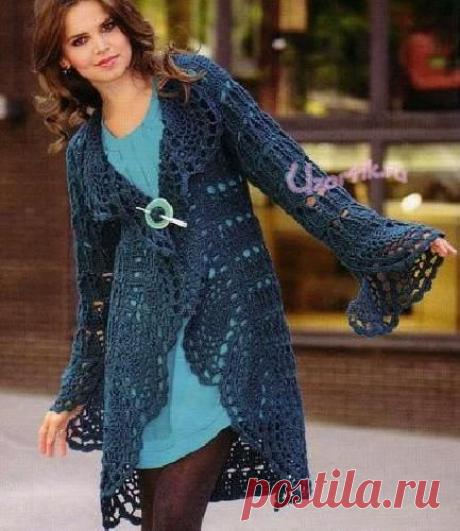 Синий кардиган крючком - Описание вязания, схемы вязания крючком и спицами | Узорчик.ру
