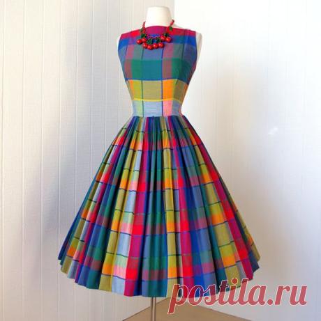 vintage 1950's dress ...best ever PARADE NEW YORK primary madras plaid full skirt plunging back pin-up party dress w/crinoline ...never worn