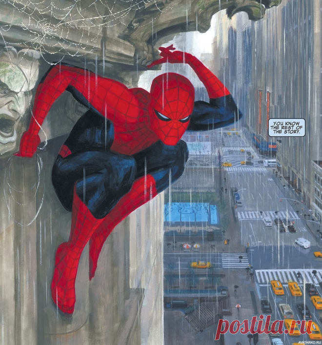 Человек-паук прячется от дождя под гаргульями на здании — Скачать картинки