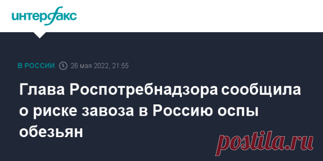 27-5-22-Глава Роспотребнадзора сообщила о риске завоза в Россию ОСПЫ ОБЕЗЬЯН. Они невелики, заявила телеканалу  