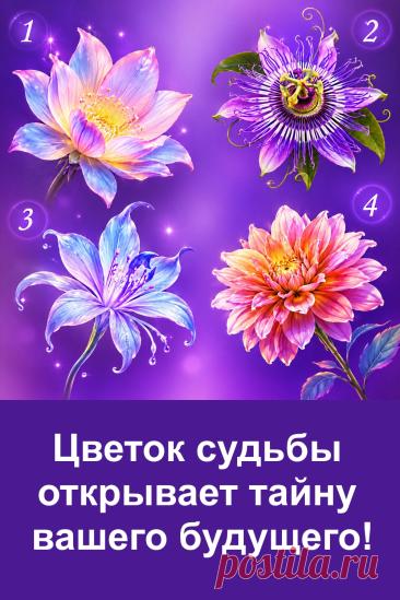 Перед вами четыре необычных цветка на загадочном фиолетовом фоне. Рассмотрите каждый вариант внимательно и прислушайтесь к своему первому ощущению. У каждого цветка есть своя особая символика и тайна. А самое интересное начинается тогда, когда вы переходите к полной расшифровке в статье.
