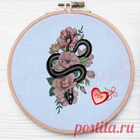 Modern Abstract Cross Stitch Pattern Snake in Roses Floral | Etsy