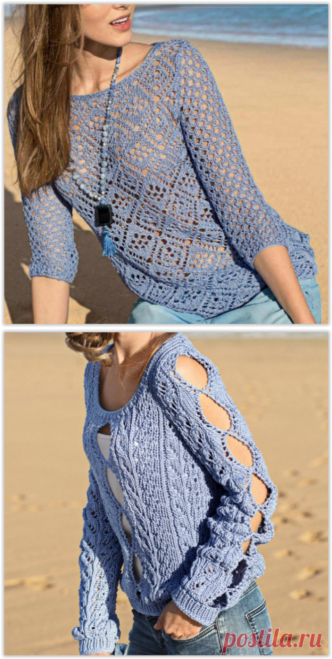 2 эффектные модели на лето в голубом цвете: Пуловер с ромбами и Джемпер вырезами (описание, схемы, выкройки)
