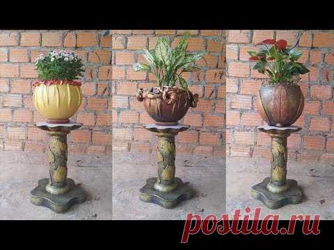 Cách làm chân đôn để chậu hoa cây cảnh bằng xi măng và trang trí lá cây tuyệt đẹp