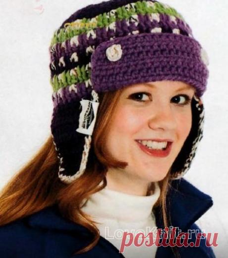 Цветная шапочка с козырьком и отворотом схема крючком » Люблю Вязать