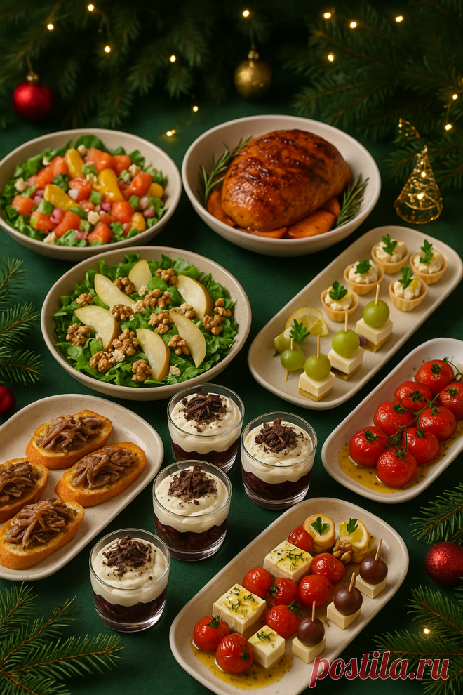 МЕНЮ на НОВЫЙ ГОД 2026 без банальщины: 2 салата, 2 закуски, брускетты, канапе, горячее и десерт, которые удивят всех! | Food Good | Дзен