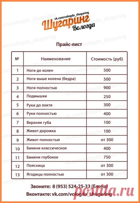 Прайс-лист | Шугаринг | Вологда
