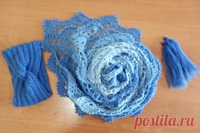 Шаль и повязка крючком. Ализе ангора омбре.