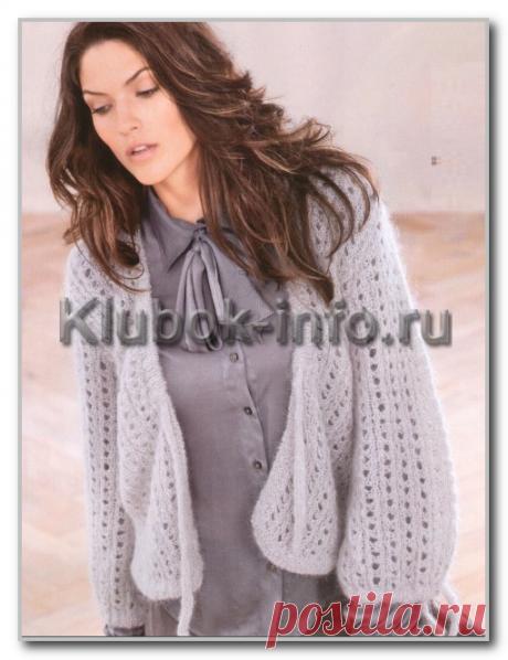 Вязание спицами. Фотогалерея женских моделей. Ажурный жакет на завязках из мохера. Размеры: 36-38 (40/42) 44/46)