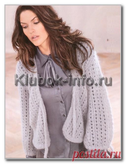 Вязание спицами. Фотогалерея женских моделей. Ажурный жакет на завязках из мохера. Размеры: 36-38 (40/42) 44/46)