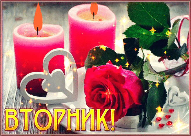 Открытка вторник с горящими свечами и розой