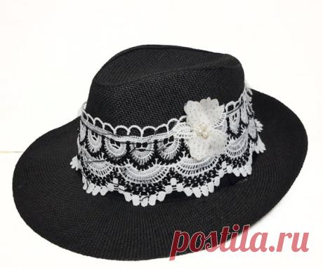 Panama Black Hat with Black and White Lace Black Straw by Craftasy