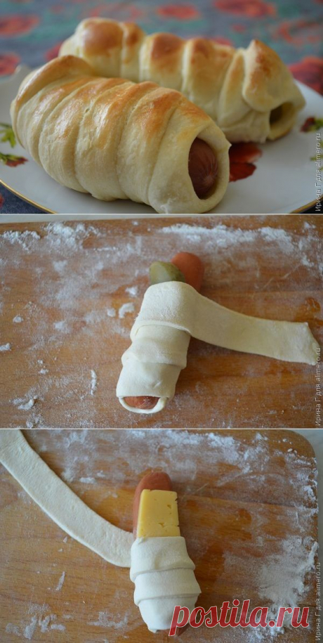 Сосиски в слоеном тесте с огурцом и сыром / Рецепты с фото