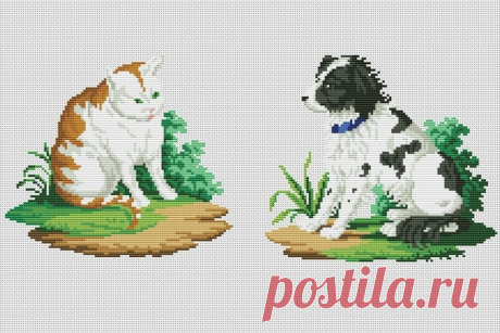 Vintage Cross Stitch Scheme Cat and dog 1 (2106455) | Cross Stitch | Design Bundles