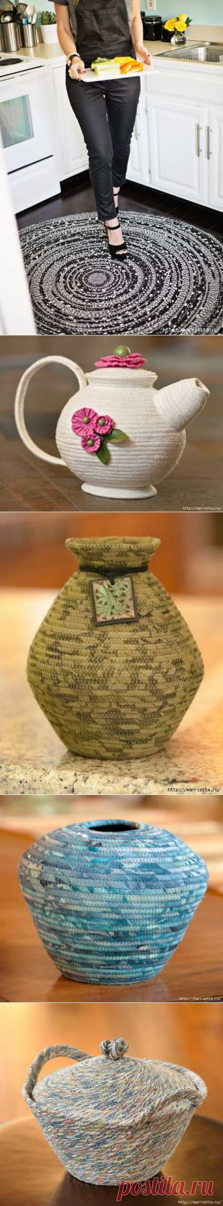 Корзинки, вазочки и коврик из лоскутков и бельевой веревки.